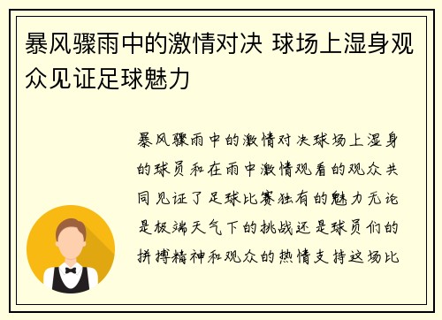 暴风骤雨中的激情对决 球场上湿身观众见证足球魅力