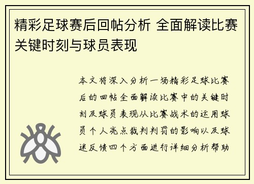 精彩足球赛后回帖分析 全面解读比赛关键时刻与球员表现