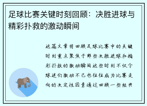 足球比赛关键时刻回顾：决胜进球与精彩扑救的激动瞬间