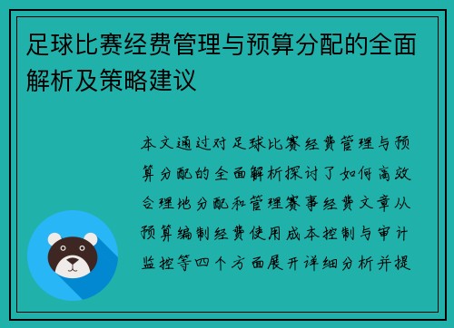 足球比赛经费管理与预算分配的全面解析及策略建议