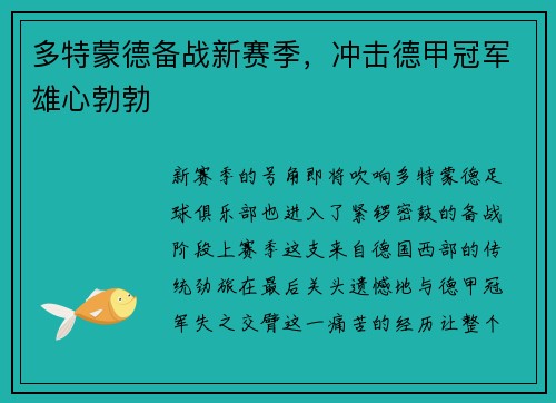 多特蒙德备战新赛季，冲击德甲冠军雄心勃勃