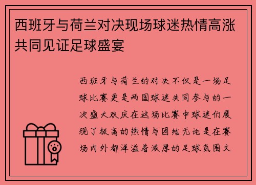 西班牙与荷兰对决现场球迷热情高涨共同见证足球盛宴