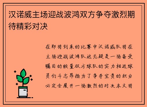 汉诺威主场迎战波鸿双方争夺激烈期待精彩对决