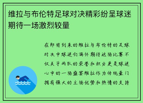 维拉与布伦特足球对决精彩纷呈球迷期待一场激烈较量
