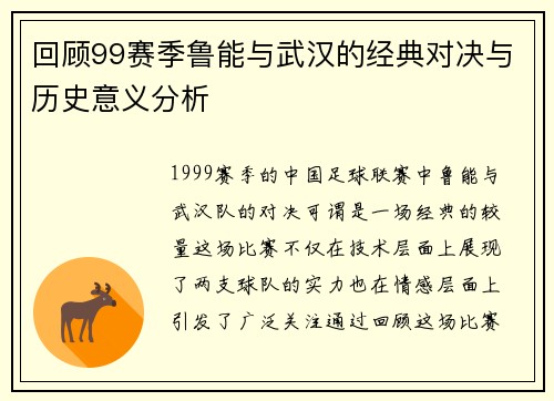 回顾99赛季鲁能与武汉的经典对决与历史意义分析