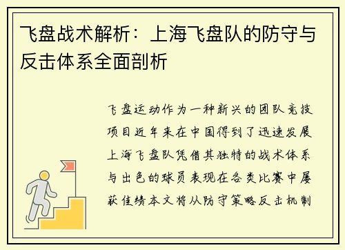飞盘战术解析：上海飞盘队的防守与反击体系全面剖析