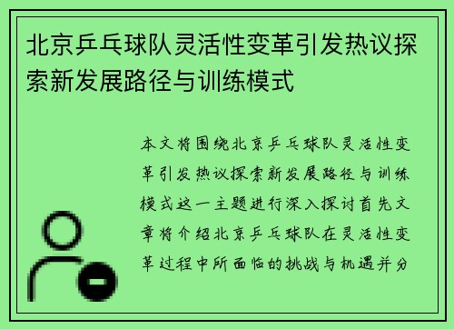 北京乒乓球队灵活性变革引发热议探索新发展路径与训练模式