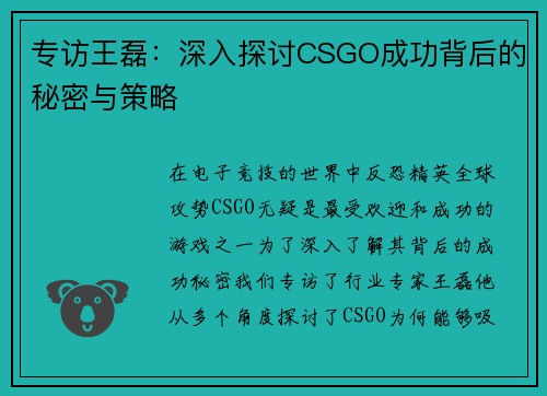 专访王磊：深入探讨CSGO成功背后的秘密与策略